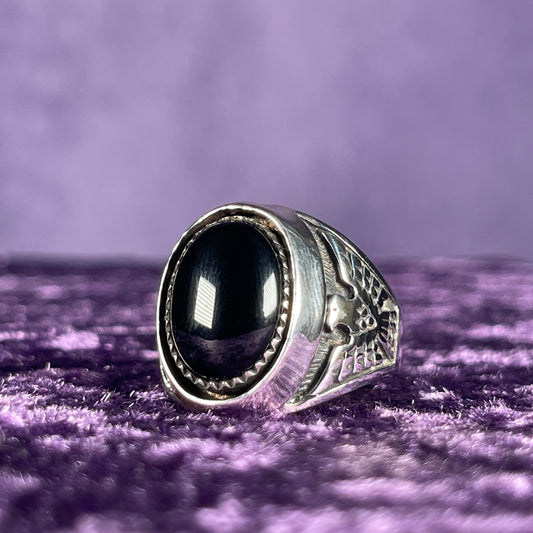 Native American Contemporary Navajo Onyx Shadow Box Thunderbird 925 Silver Ring Size Z + 1 / 13