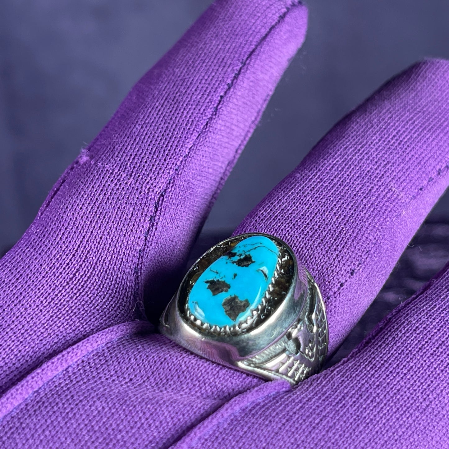 Native American Contemporary Navajo Turquoise Pallasite Meteorite Shadow Box Thunderbird 925 Silver Ring Size W 1/2 / 11.25