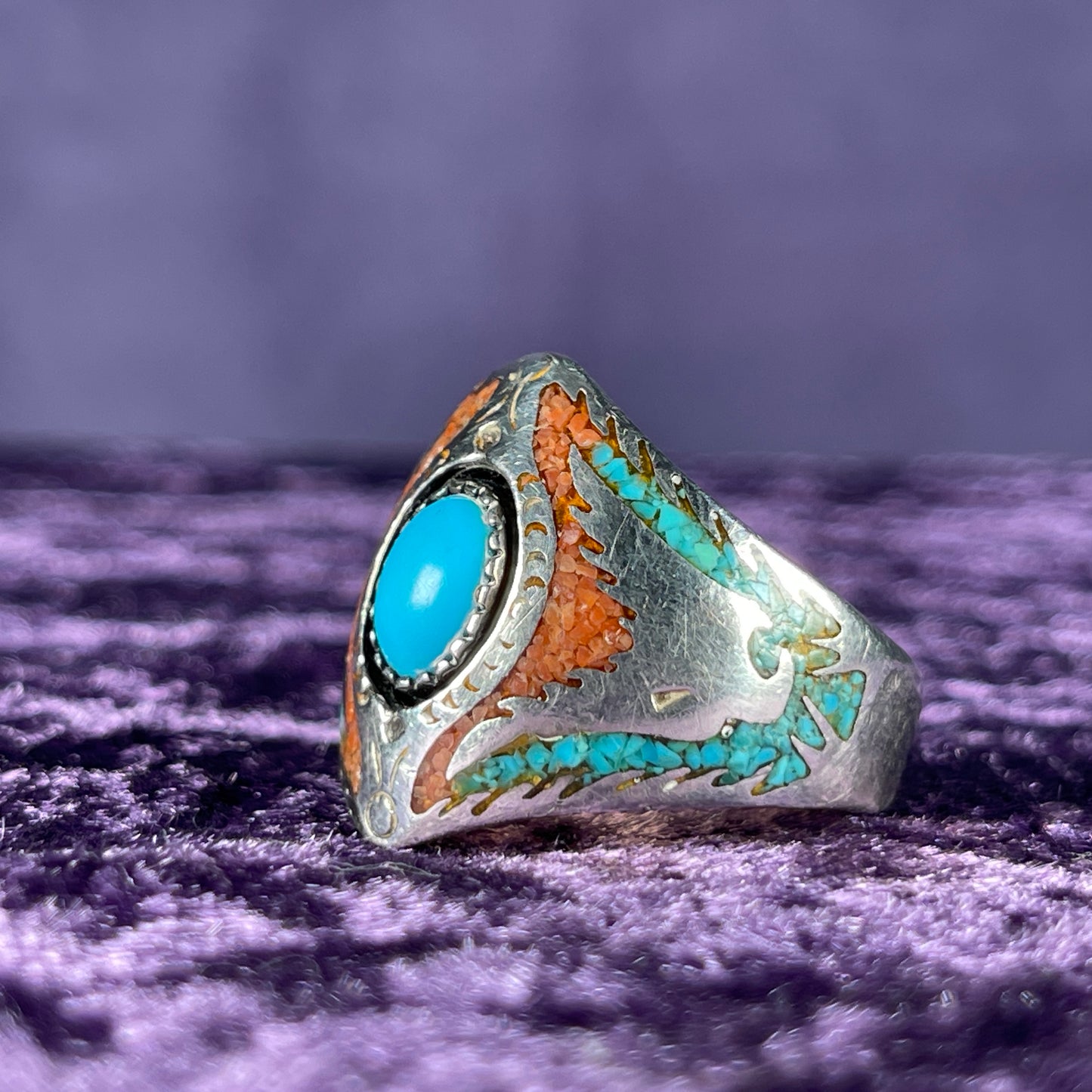 Native American Contemporary Turquoise Coral 925 Silver Ring Size Z + 1 / 13