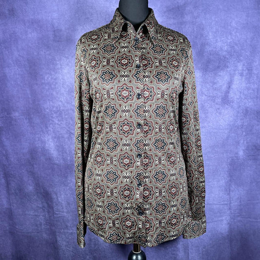 MEXX Womens Y2K 60s style geometric psychedelic brown/burgandy shirt M