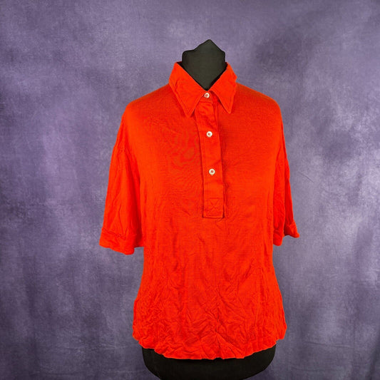 Vintage Red 1970s Half Button Polo Dagger Collar Shirt Ladies L