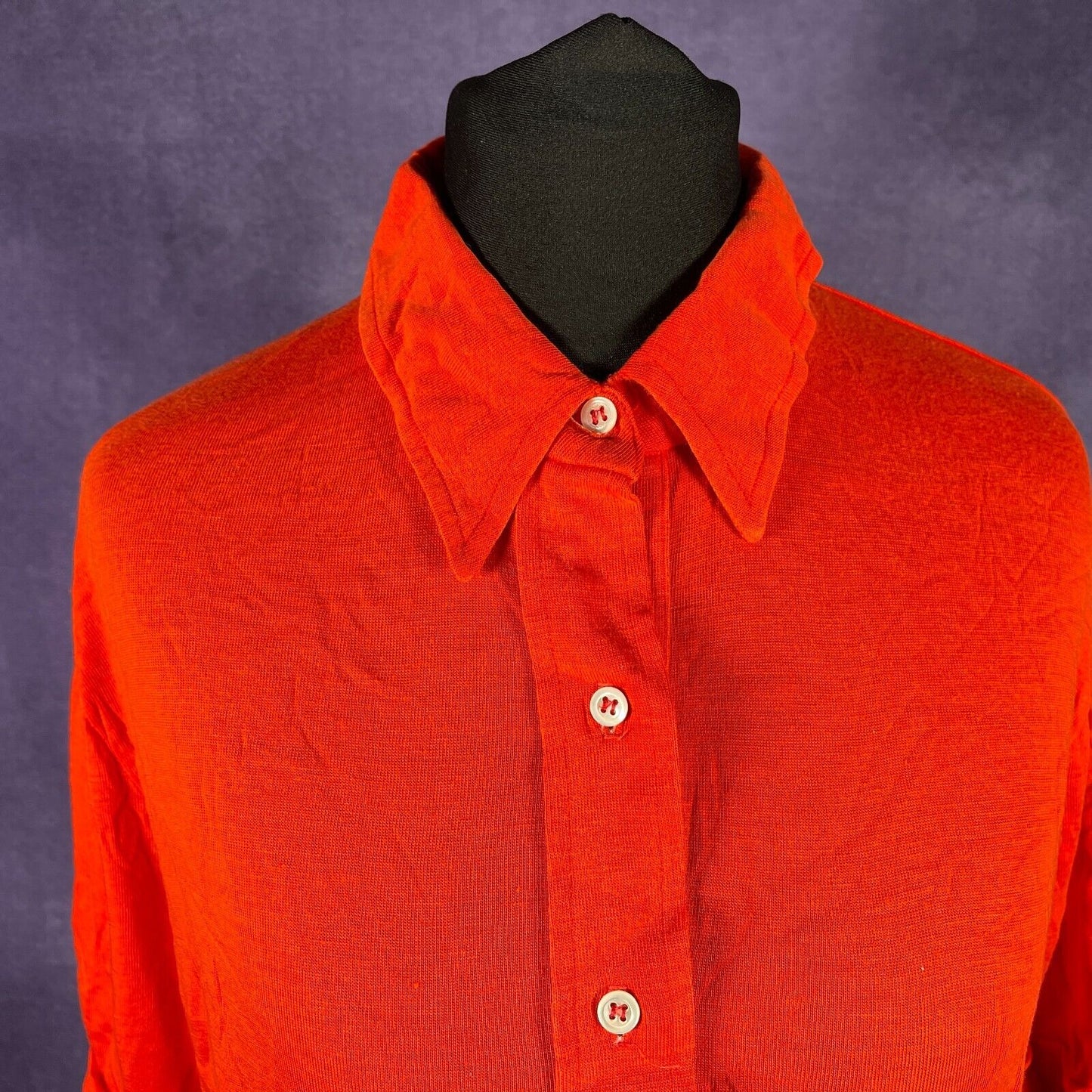 Vintage Red 1970s Half Button Polo Dagger Collar Shirt Ladies L