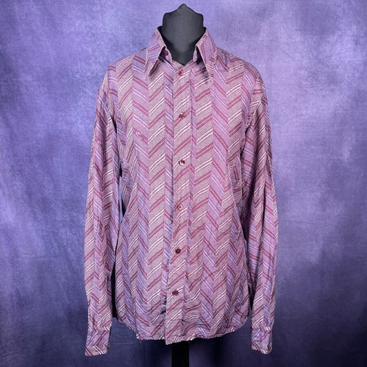 Vintage Purple Mens 1970s Patterned Dagger Collar Shirt Size 38