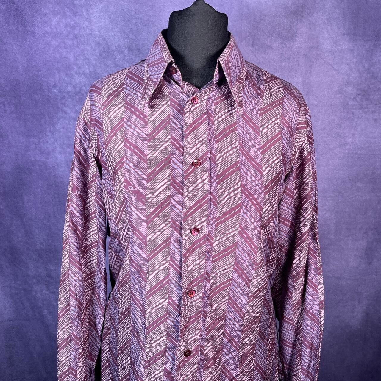 Vintage Purple Mens 1970s Patterned Dagger Collar Shirt Size 38