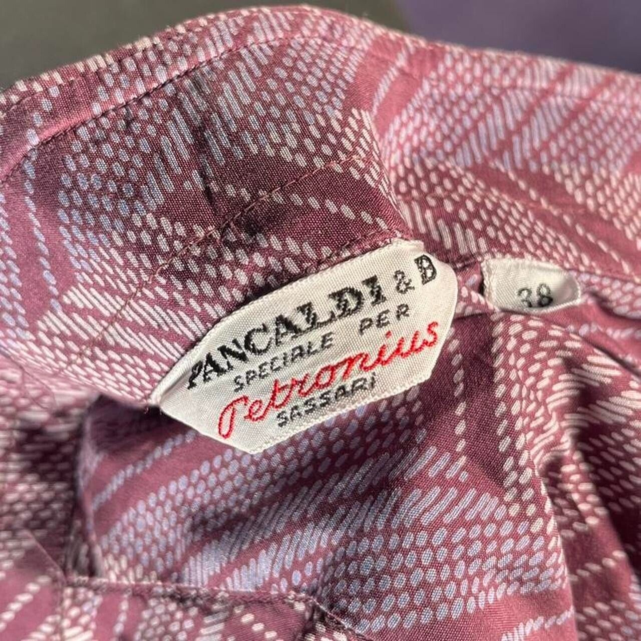 Vintage Purple Mens 1970s Patterned Dagger Collar Shirt Size 38