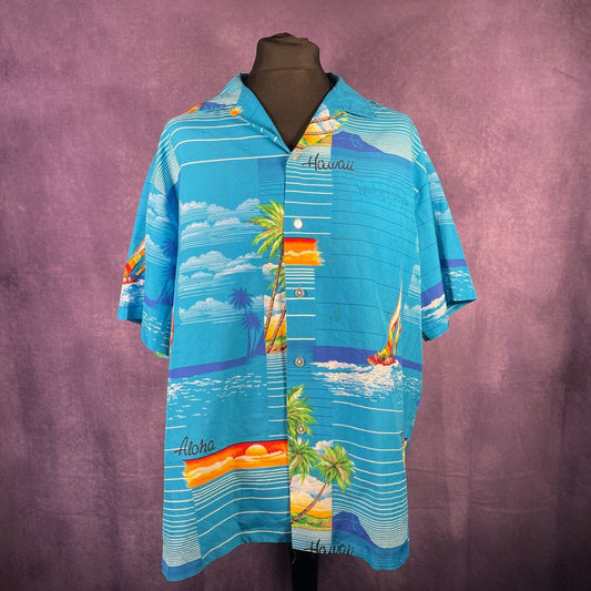 Vintage Mens Hawaii Aloha Hawaiian Shirt Blue XXL