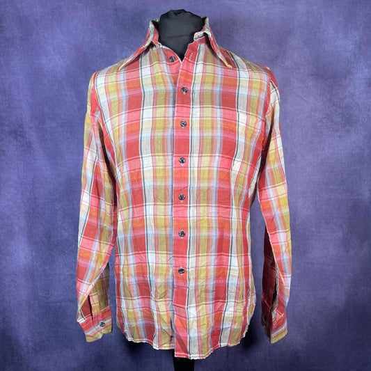 Vintage Mens Arrow 1970s Dagger Collar Red Orange Yellow Check Shirt M