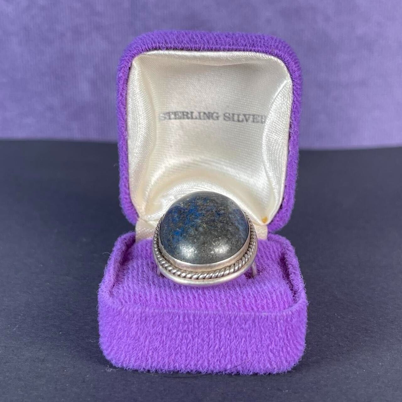 Vintage Large Oval Dark Blue Sodalite with Roping Sterling Silver 925 Size S - 9
