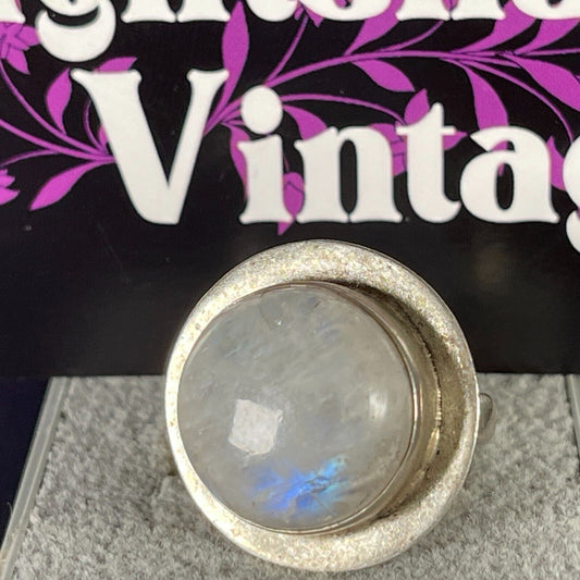 Vintage Large Circular Framed Moonstone Solid SIlver Ring 925