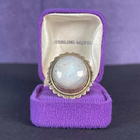 Vintage Large Circle Flower Moonstone Sterling Silver Ring 925 Size N 1/2 - 7