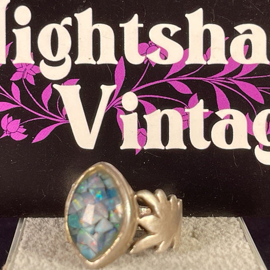 Vintage Crystal Opal Palm Leaf Ellipse Solid Sterling Silver Ring