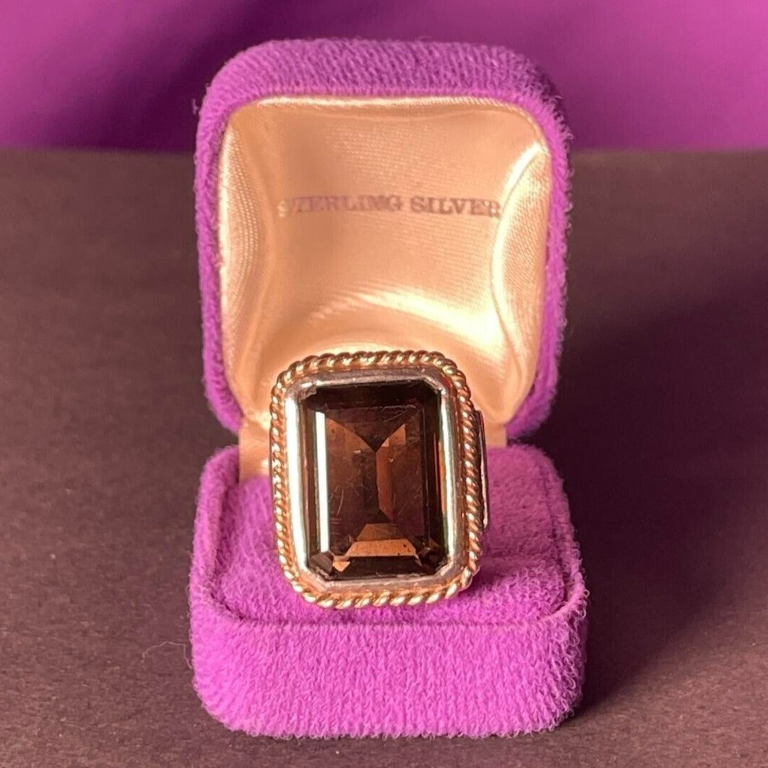 Vintage Chunky Mens Solid Sterling Silver Brown Smokey Quartz Stone Ring Size Q