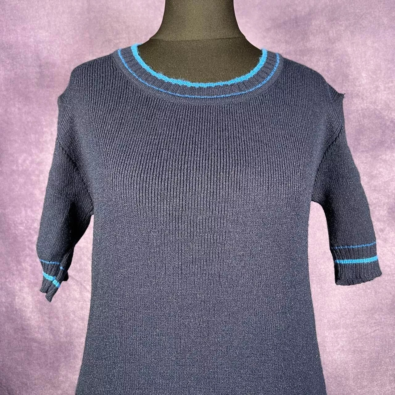 Mod 1960's Navy Knitwear Shirt W/Blue Stripe Womens Small Made in Italy