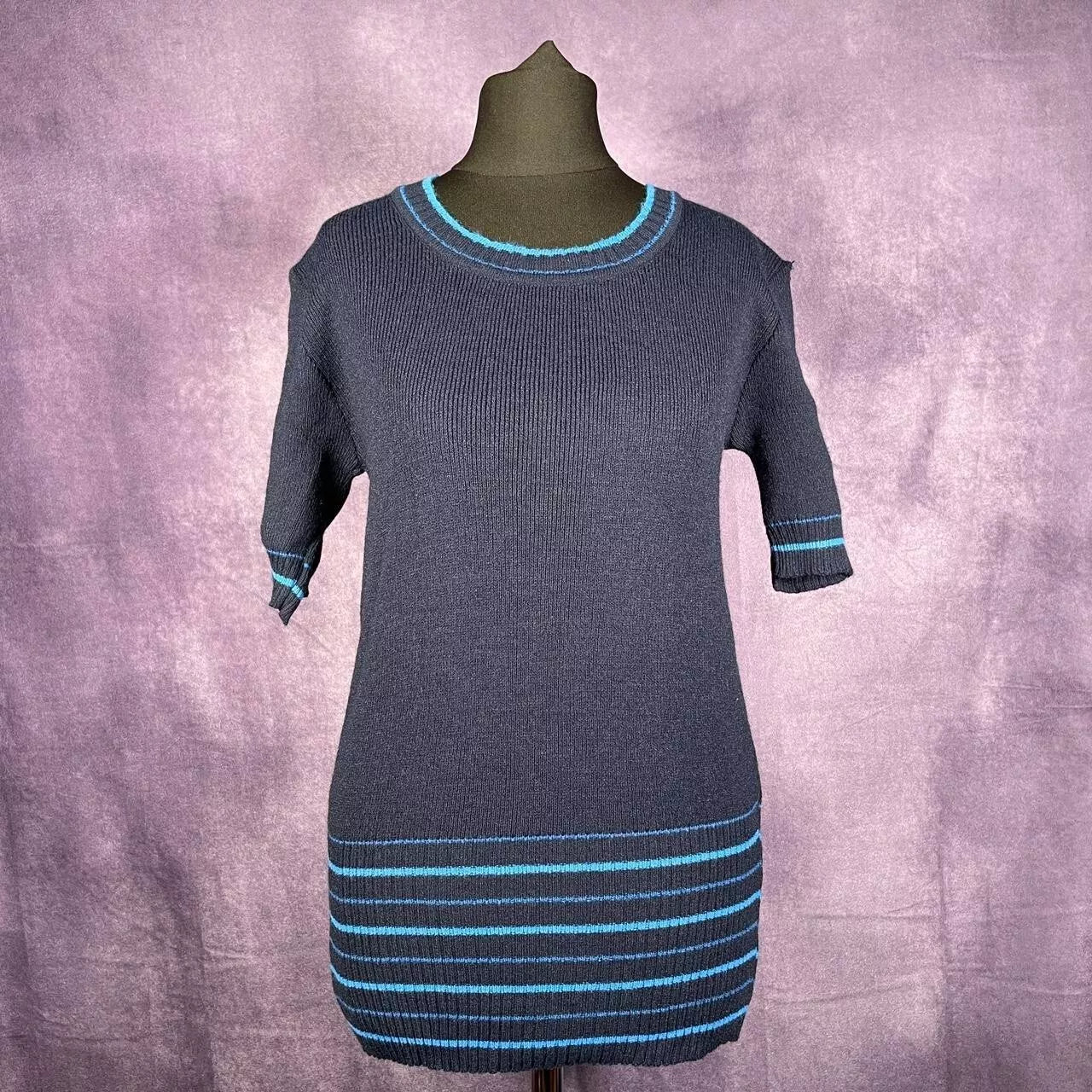 Mod 1960's Navy Knitwear Shirt W/Blue Stripe Womens Small Made in Italy
