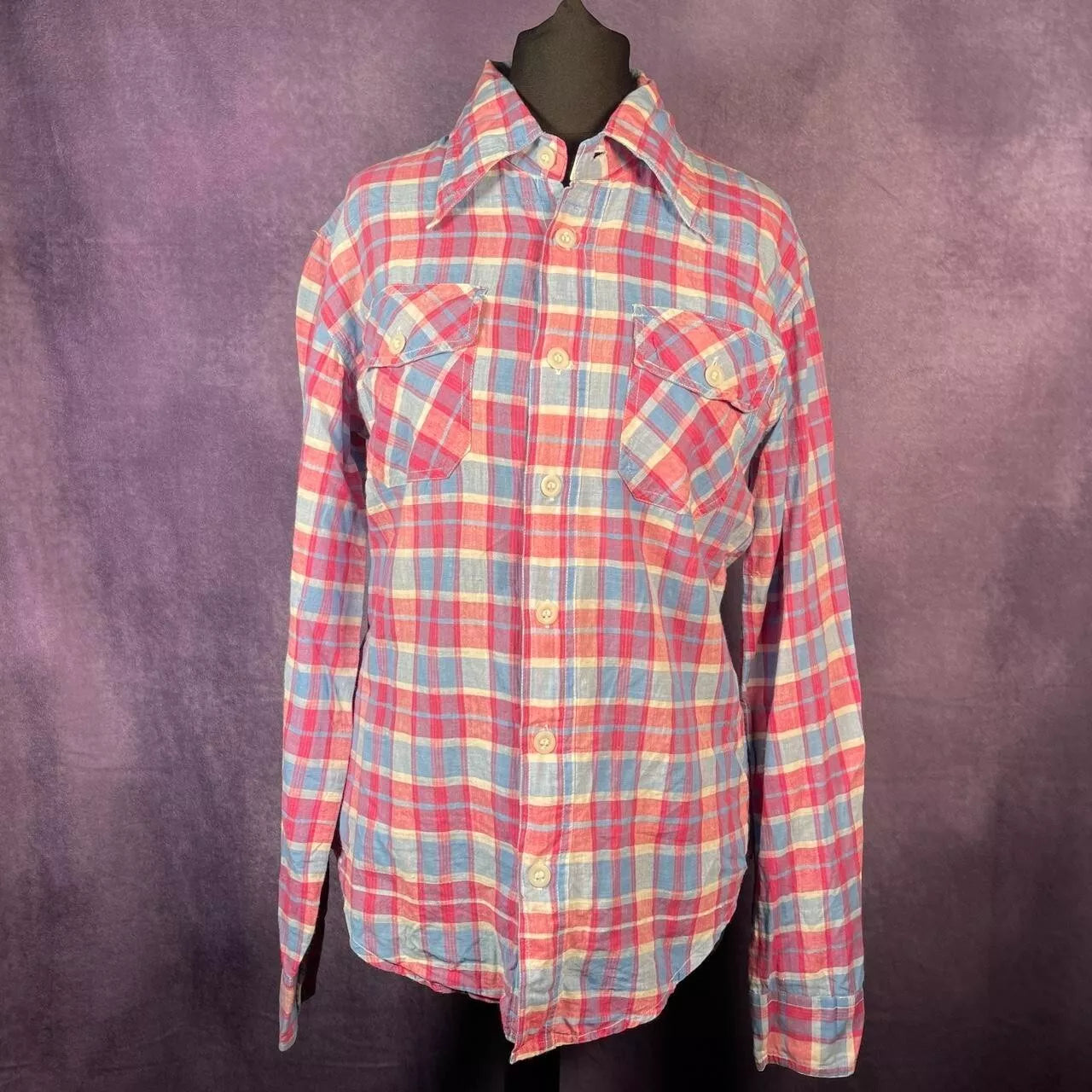 Vintage 1970s Plaid Check Dagger Collar Shirt Blue Pink White Ace Size 10