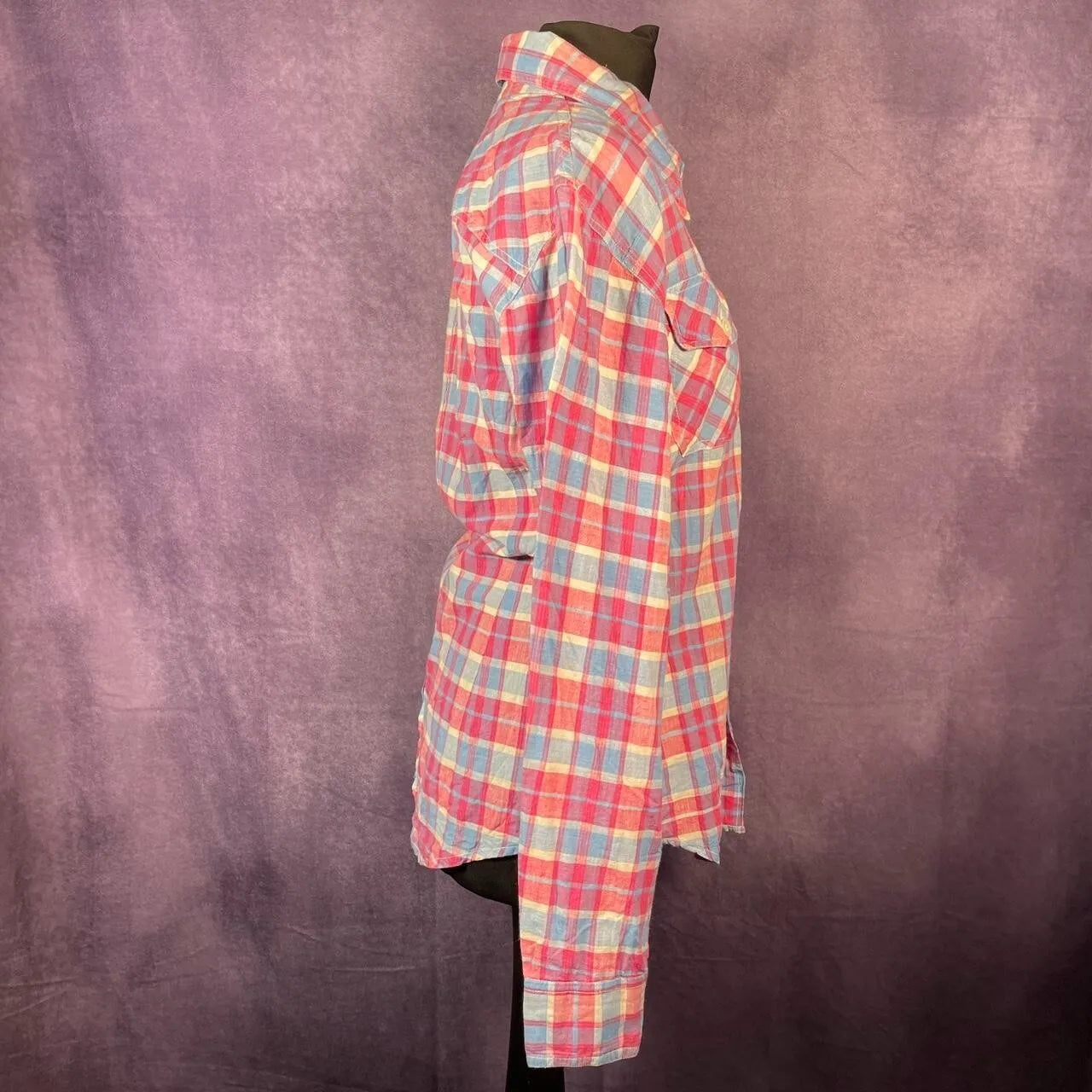 Vintage 1970s Plaid Check Dagger Collar Shirt Blue Pink White Ace Size 10