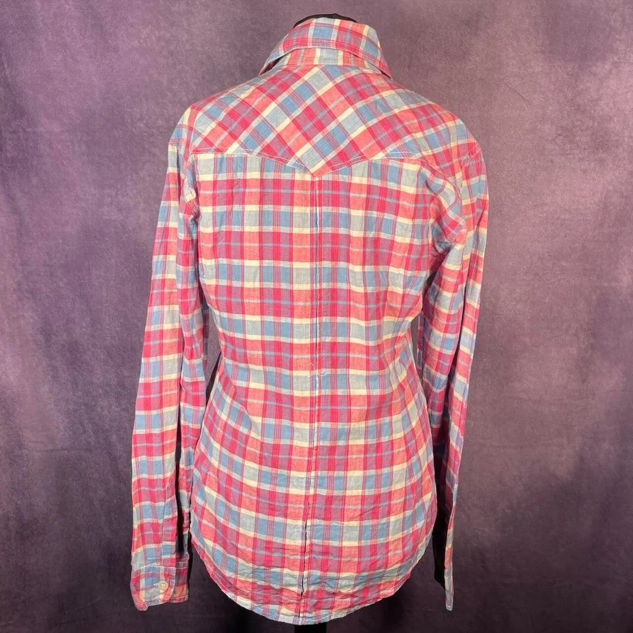 Vintage 1970s Plaid Check Dagger Collar Shirt Blue Pink White Ace Size 10