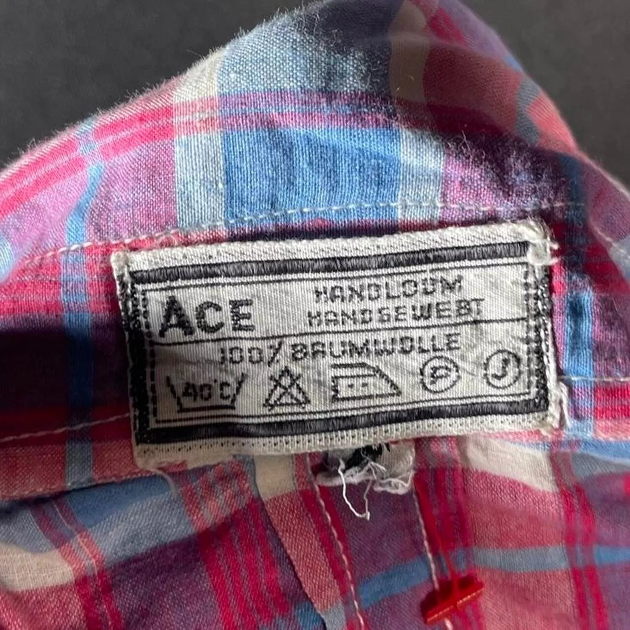 Vintage 1970s Plaid Check Dagger Collar Shirt Blue Pink White Ace Size 10