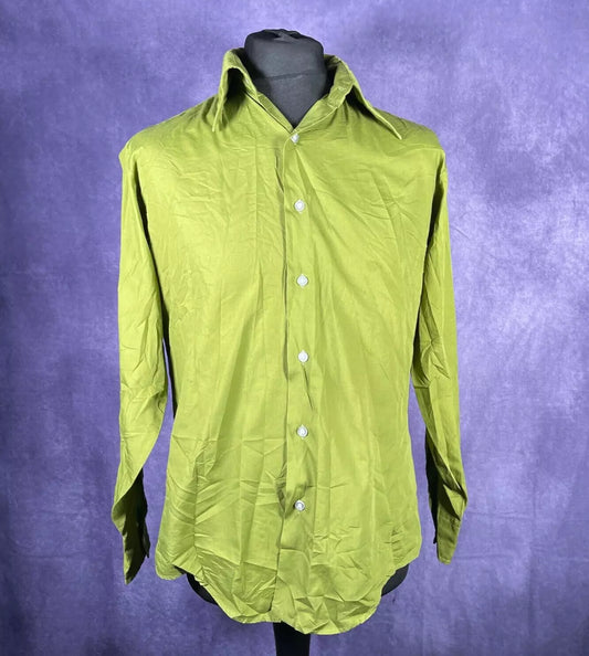 Vintage 1970s Manhattan M Shirt Olive Green Dagger Collar