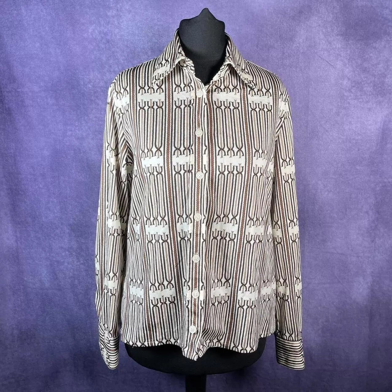 Vintage 1970s Dagger Collar Shirt Ladies White Brown Rope Size 8/10