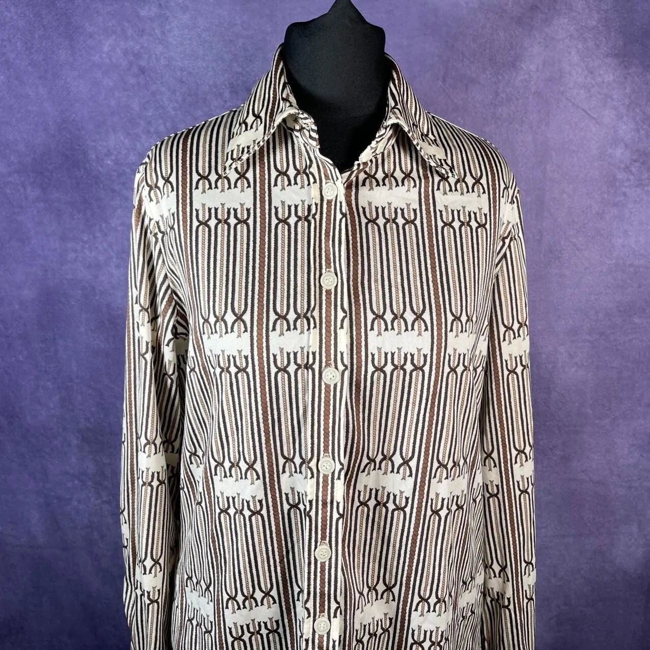 Vintage 1970s Dagger Collar Shirt Ladies White Brown Rope Size 8/10