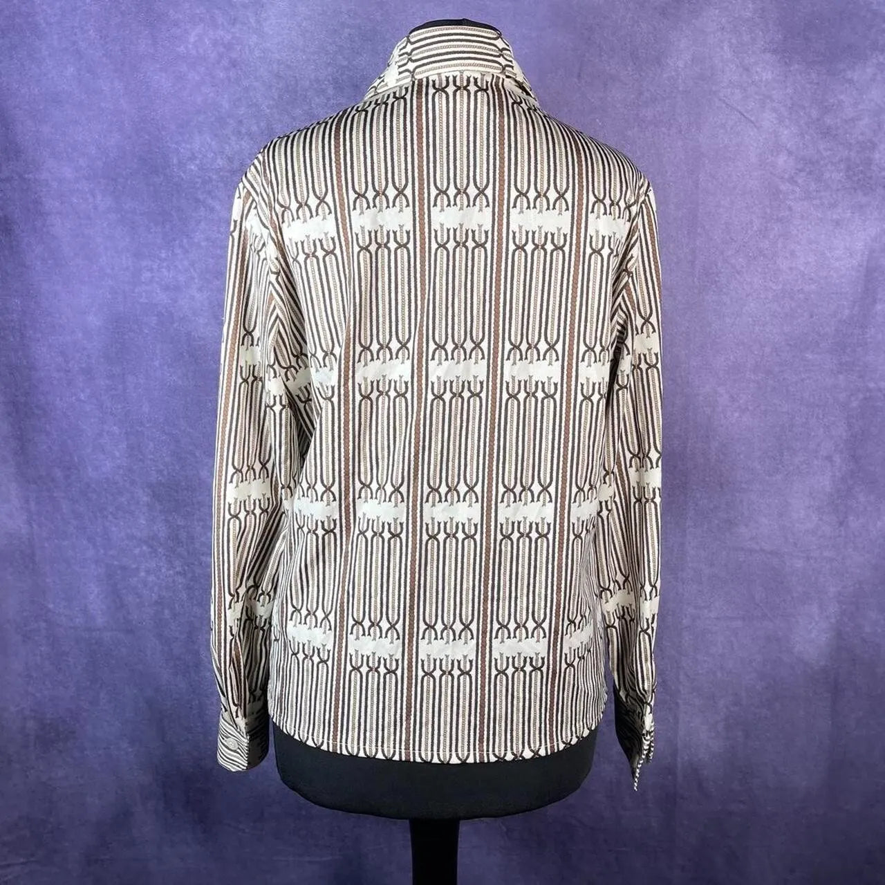 Vintage 1970s Dagger Collar Shirt Ladies White Brown Rope Size 8/10