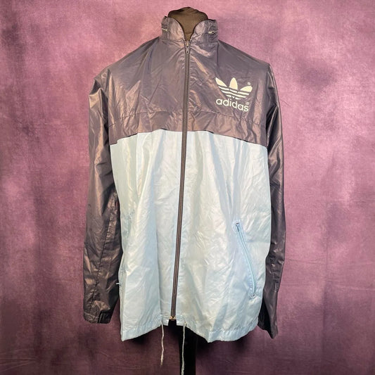 Vintage Blue & Navy Adidas 80's Packable Zip Hooded Windbreaker Size XL