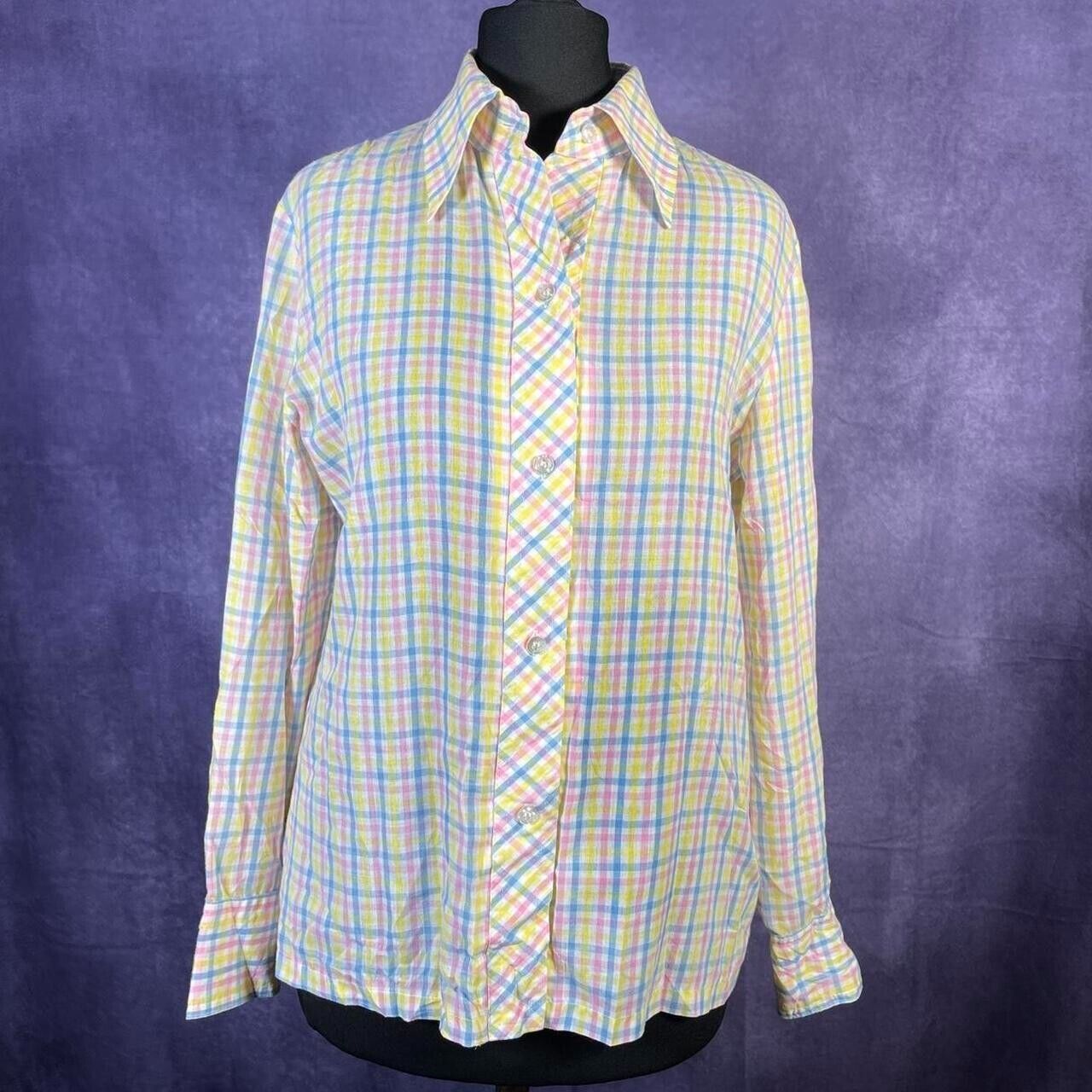 Vintage Yellow Pink Blue White Plaid 1970s Ladies Dagger Collar Shirt. Mod Skinh