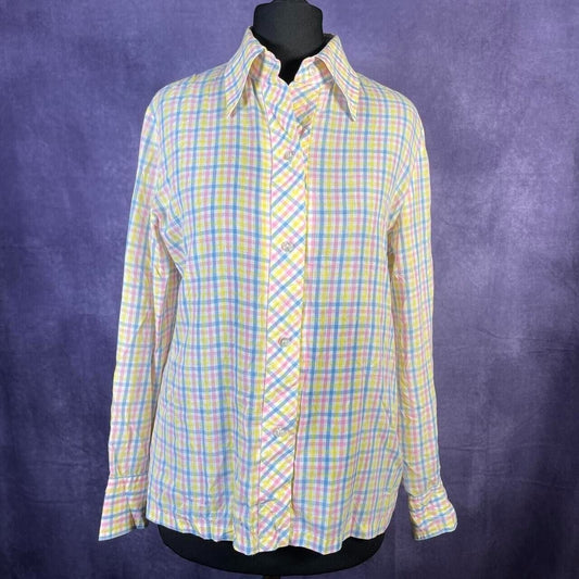 Vintage Yellow Pink Blue White Plaid 1970s Ladies Dagger Collar Shirt. Mod Skinh