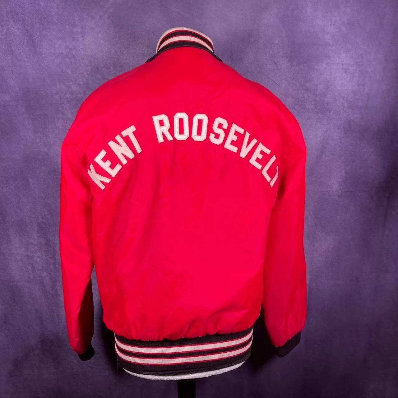 Vintage 80s Red White Black Varsity Jacket Kent Roosevelt Small