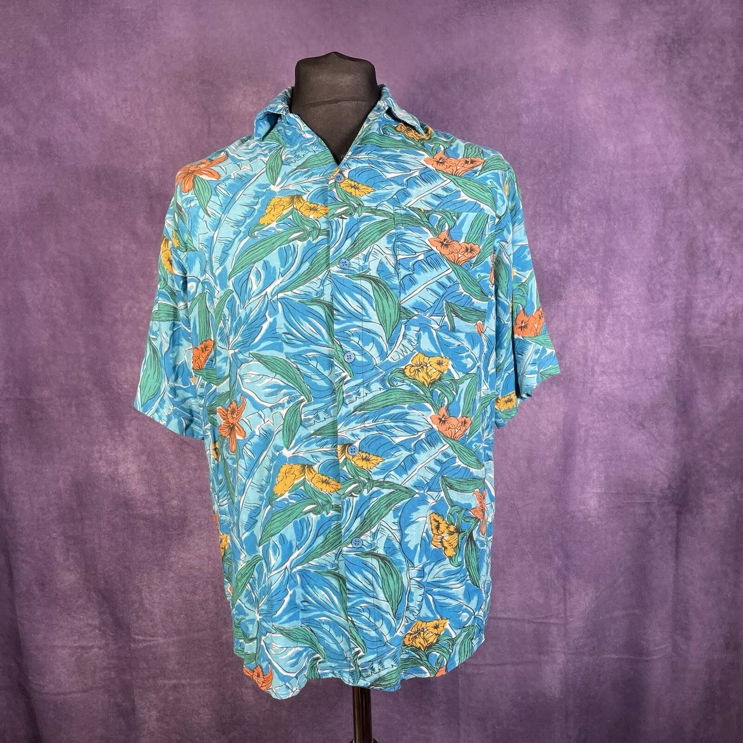 Vintage 80s Blue Tropical Hawaiian Size XL