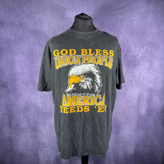 Vintage Black God Bless Union People America Needs 'Em 1995 Single Stitch XL