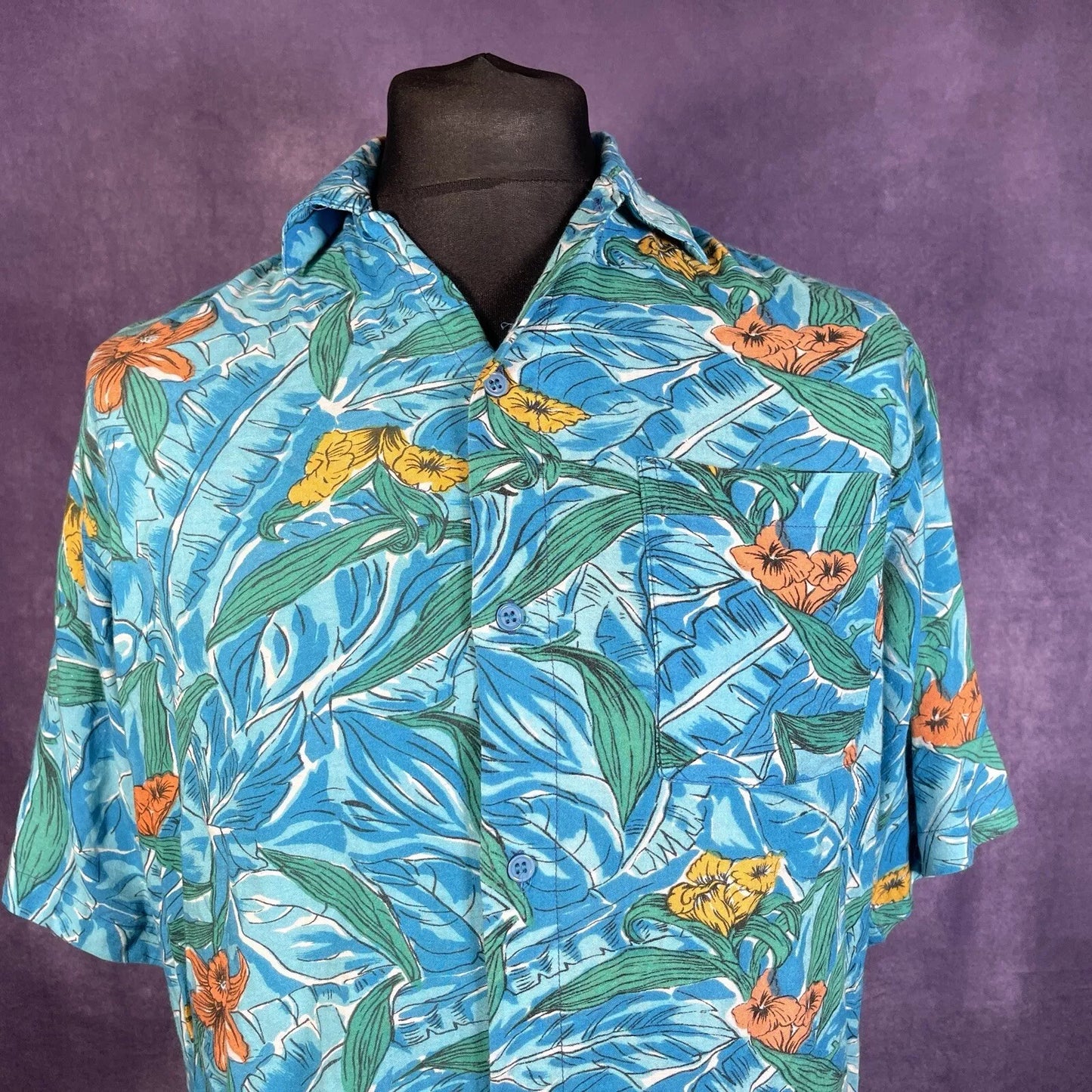 Vintage 80s Blue Tropical Hawaiian Size XL