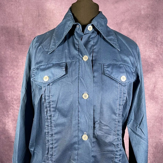 Blue Dagger Collar Button Up 70s Vintage XS