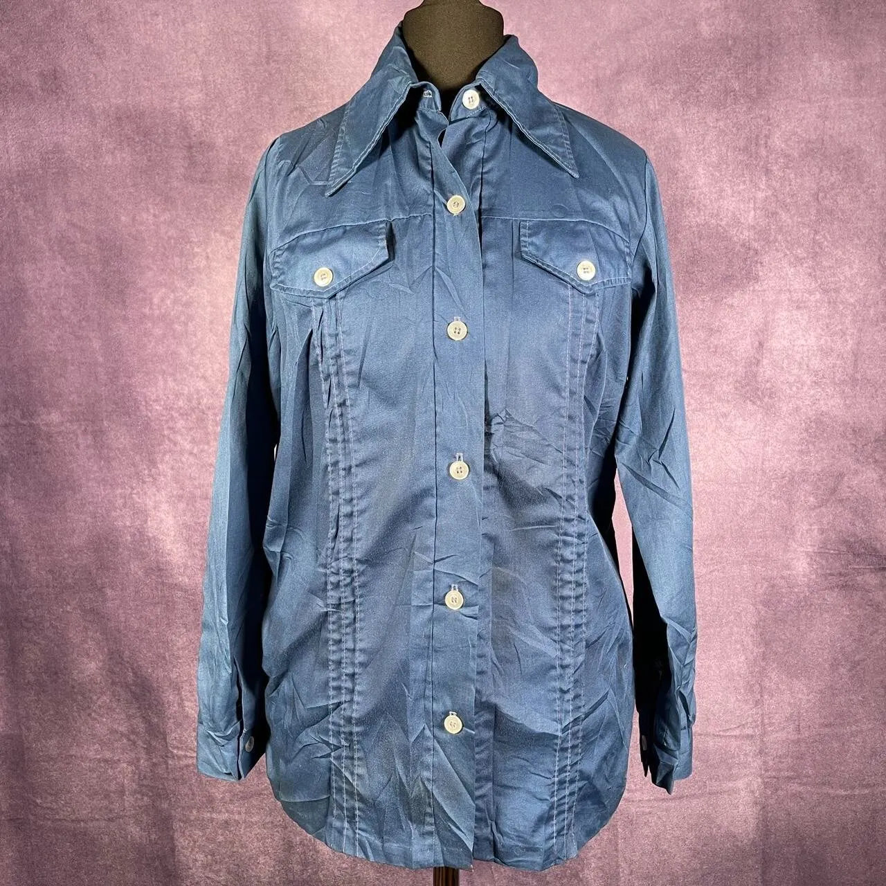 Blue Dagger Collar Button Up 70s Vintage XS