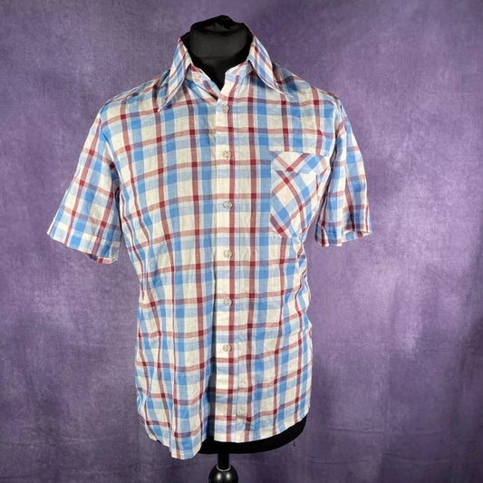 Vintage 1970s Blue White Red Dagger Collar Check Shirt West Ham Vila Colours