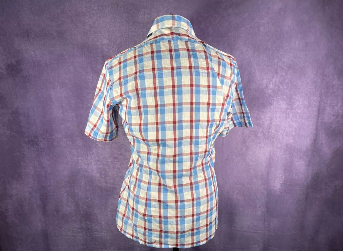 Vintage 1970s Blue White Red Dagger Collar Check Shirt West Ham Vila Colours