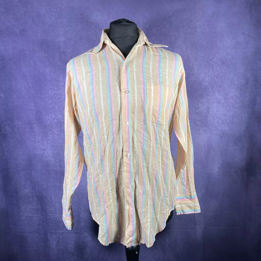 Vintage 1970s Beige Pink Blue Filene's Boston Dagger Collar Shirt Large/XL