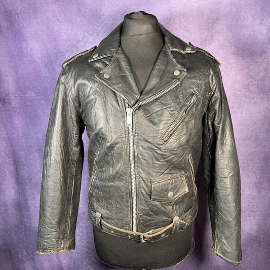 Vintage 1970's Biker Leather Jacket Black Punk Motorcycle Great Patina Size Medi