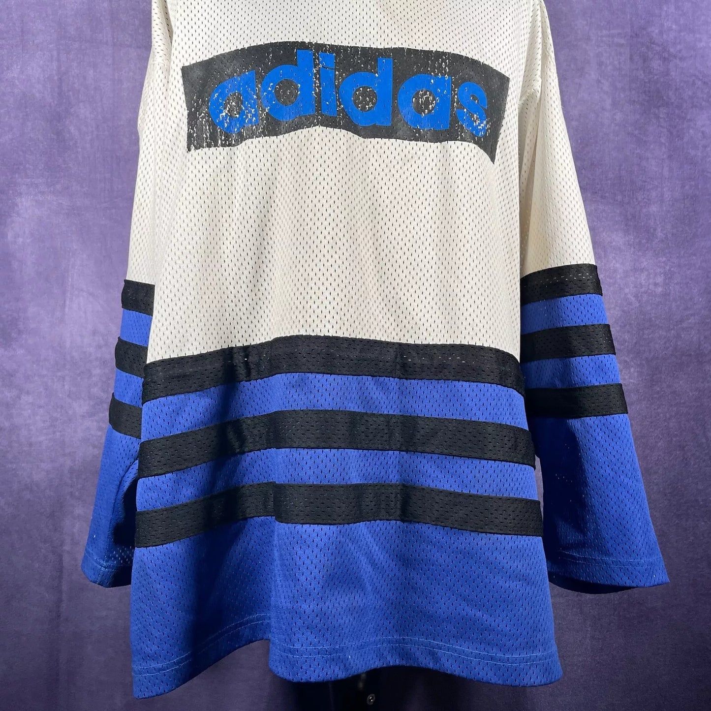 Vintage 90's Adidas Men's Blue and White Shirt